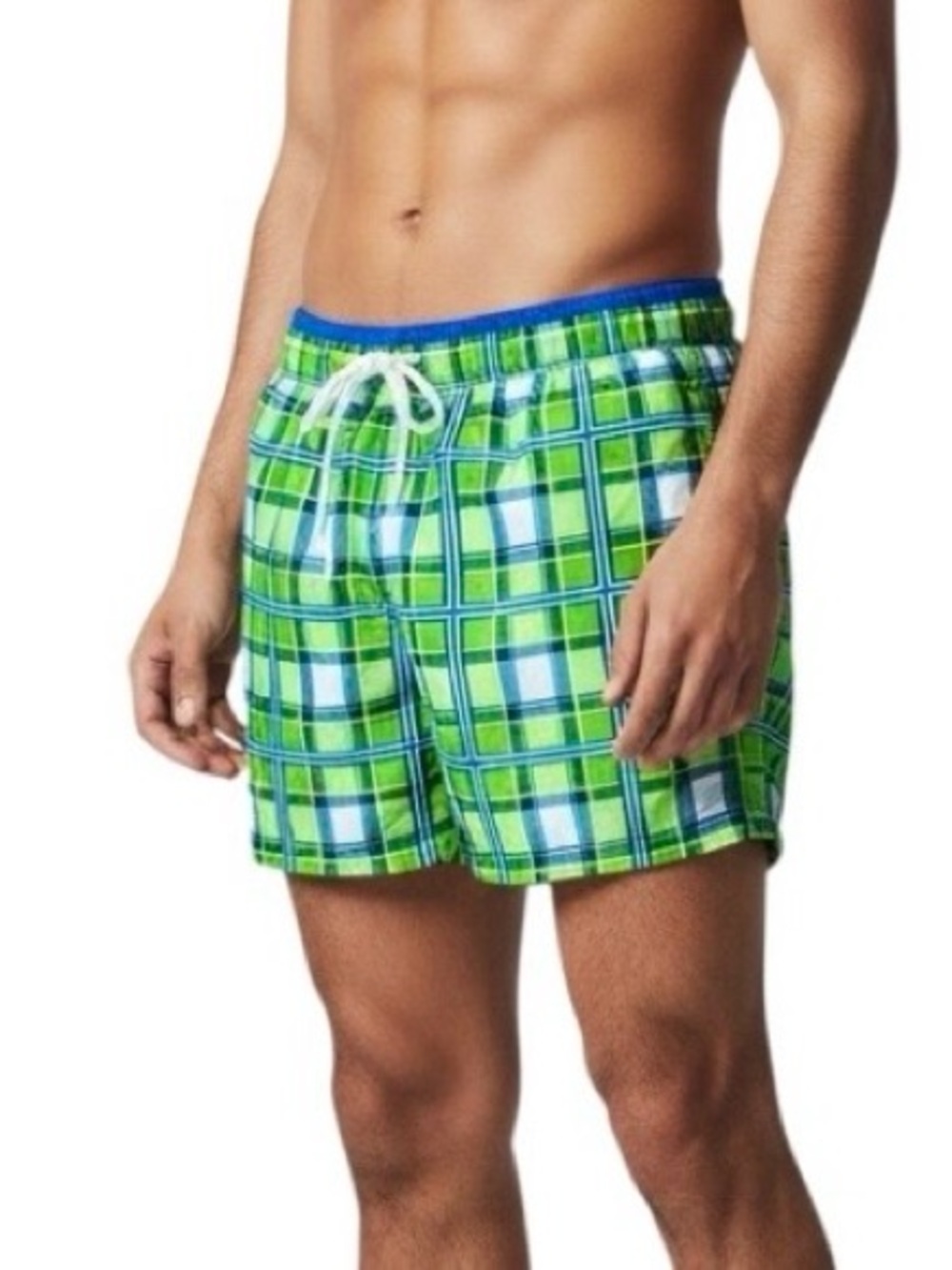 Dustin Swim Trunks Mens Size Large Green Blue Retro Plaid 5” Inseam NWOT